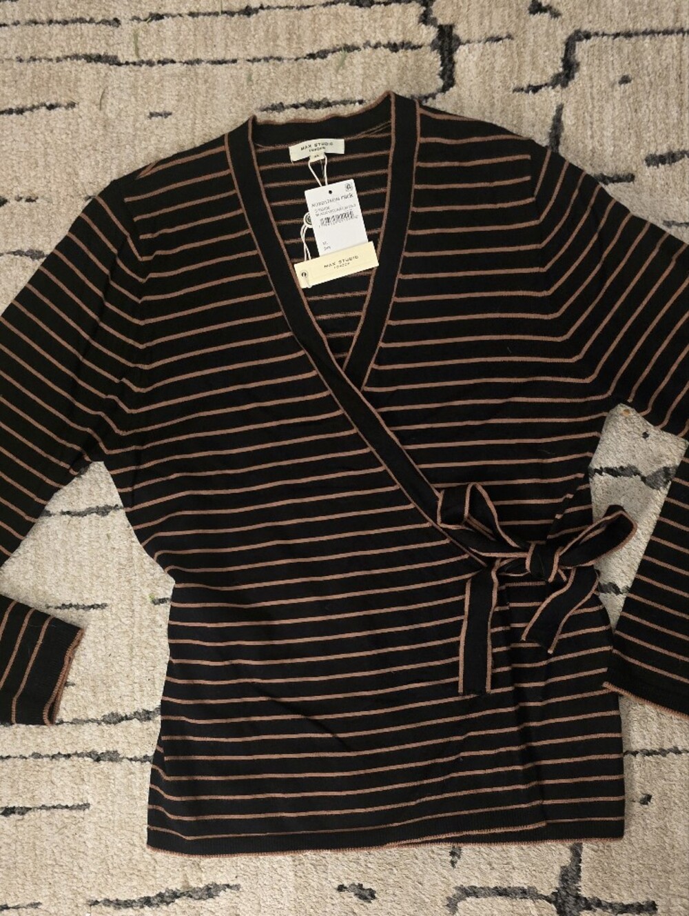 Max Studio Black and Brown Striped Wrap Sweater